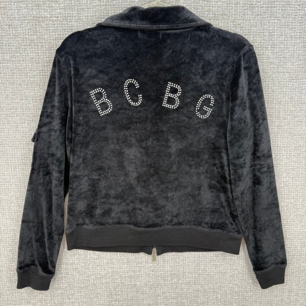 Y2K BCBG Max Azria Velour Track Jacket Women M Black Rhinestone Logo